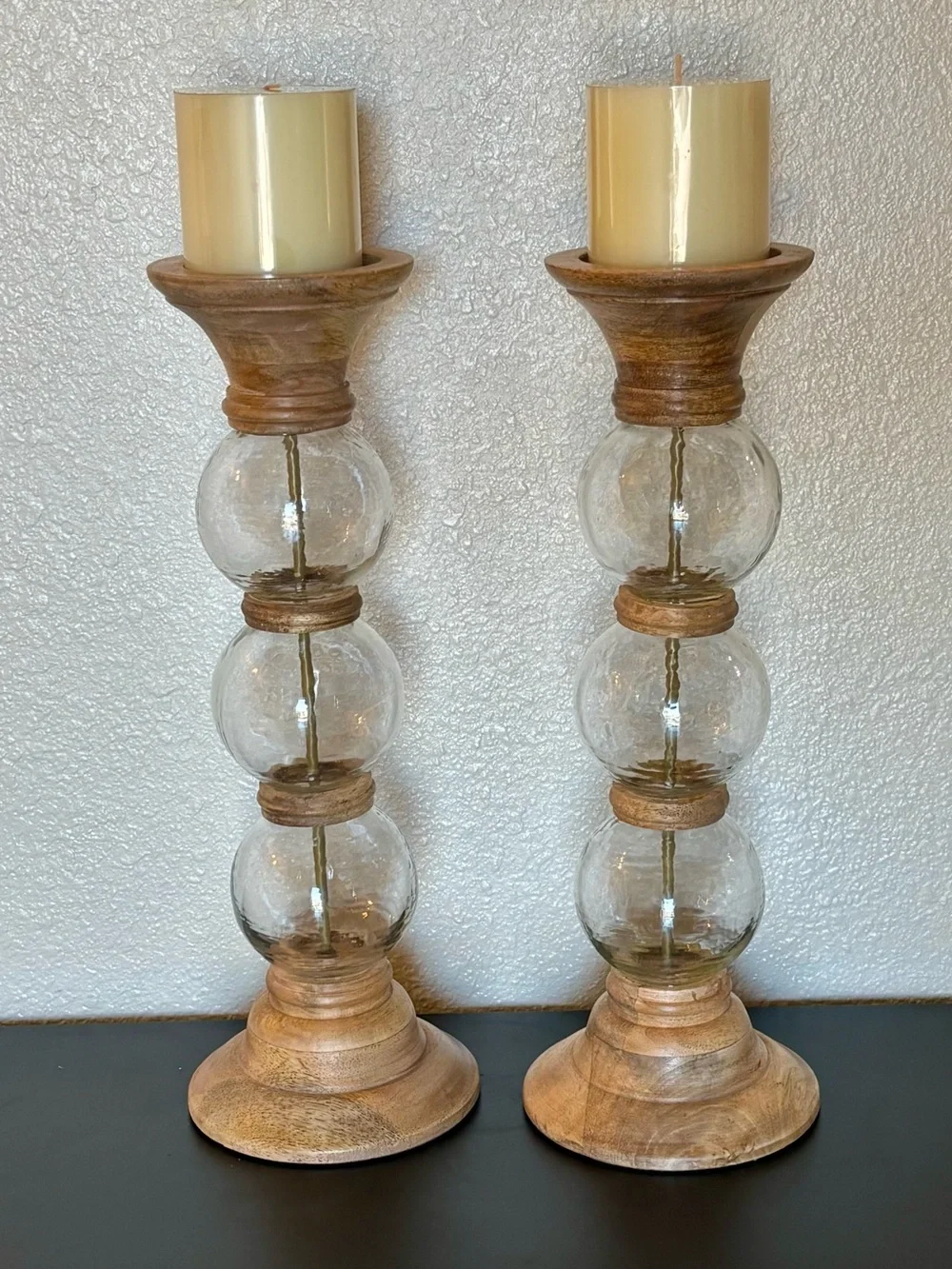 Pier 1 Natural Wood and Clear Glass Pillar Candle Holders - Pair